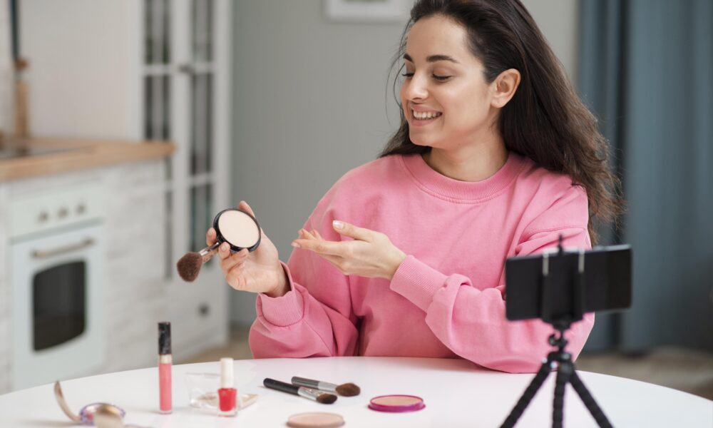 Flatlay of skincare, makeup and accessories for modern beauty routine 2025