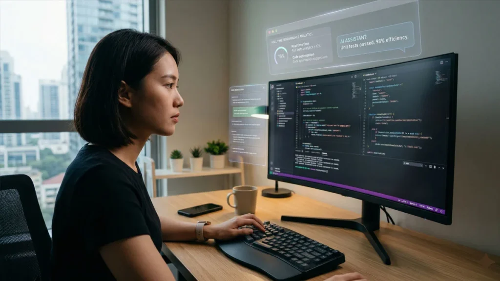 A developer using the best AI dev tools to improve coding productivity in 2026.